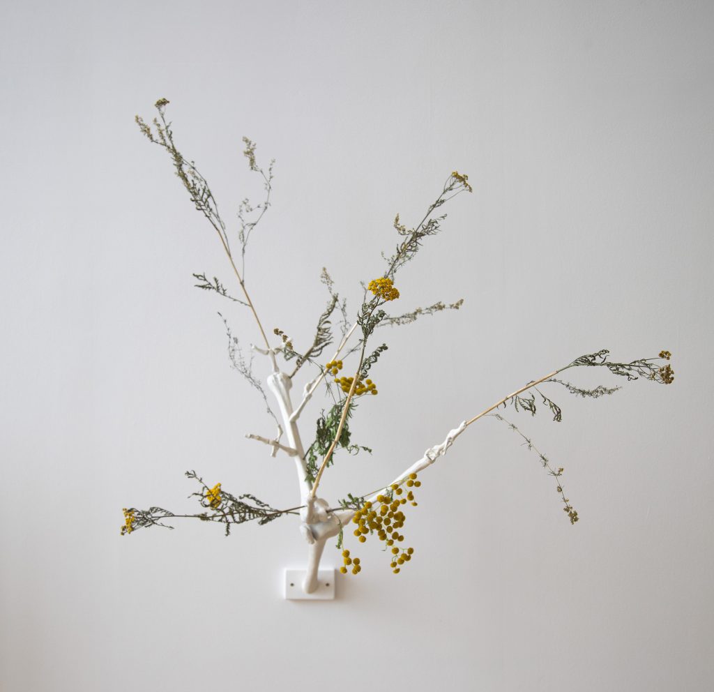 The picture of the sculpture composed of human one replicas and dried flowers